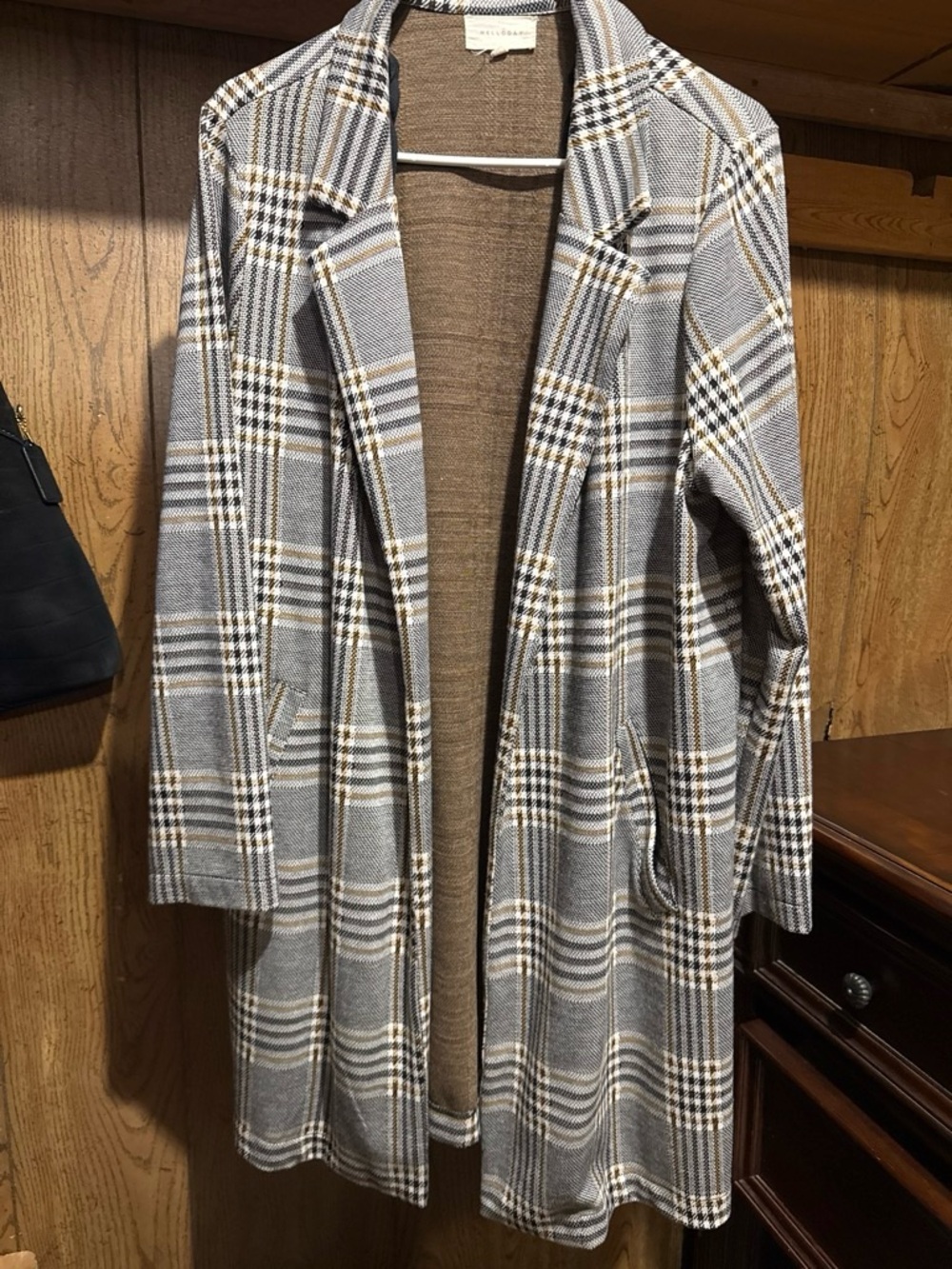 MELLODAY Gray and Brown Plaid Open-Front Coatigan